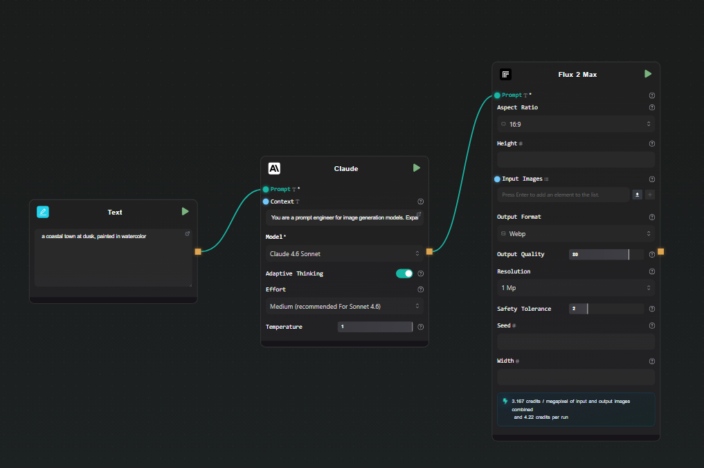 Text Input to Claude to FLUX 2 Max pipeline