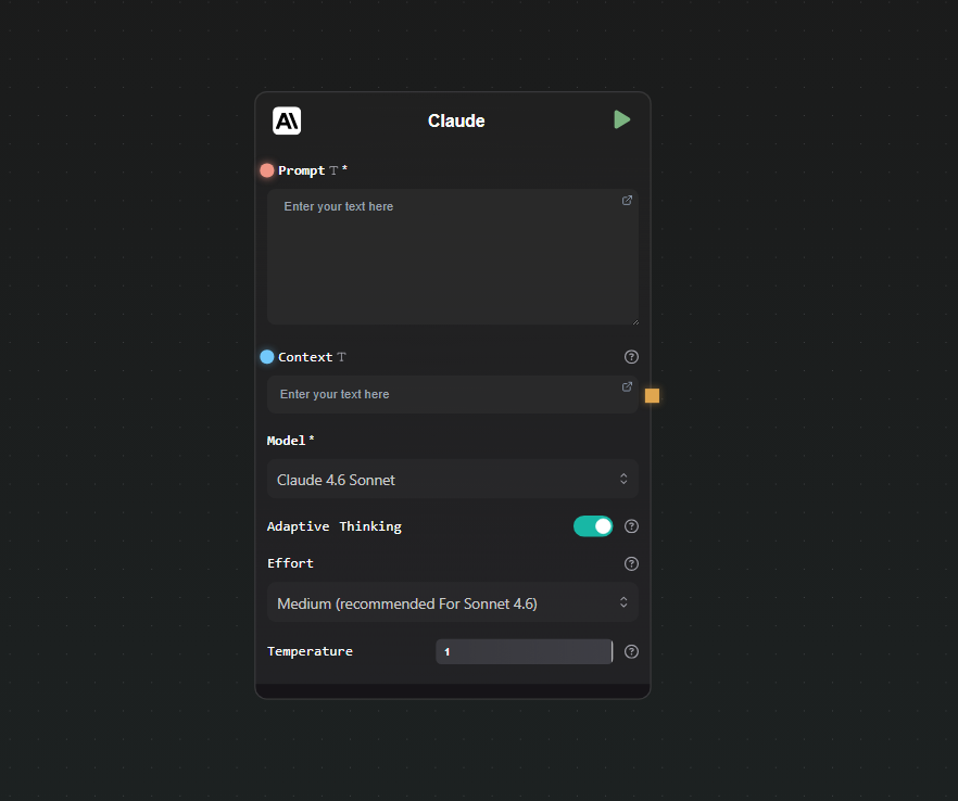 Claude node on canvas with model selector open
