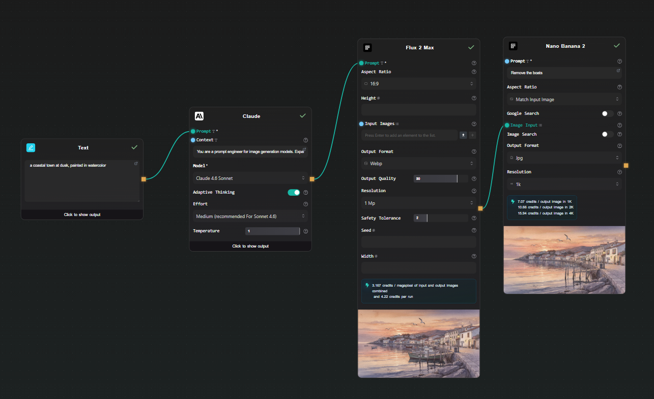 Canvas mid-run with output visible beneath each node